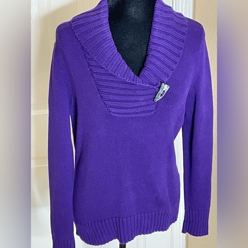 LRL Ralph Lauren Cotton Sweater  Purple Pullover Bone Button Green Label Large 
